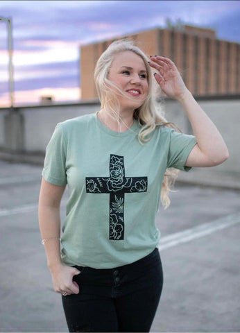 Floral Black Cross on Sage