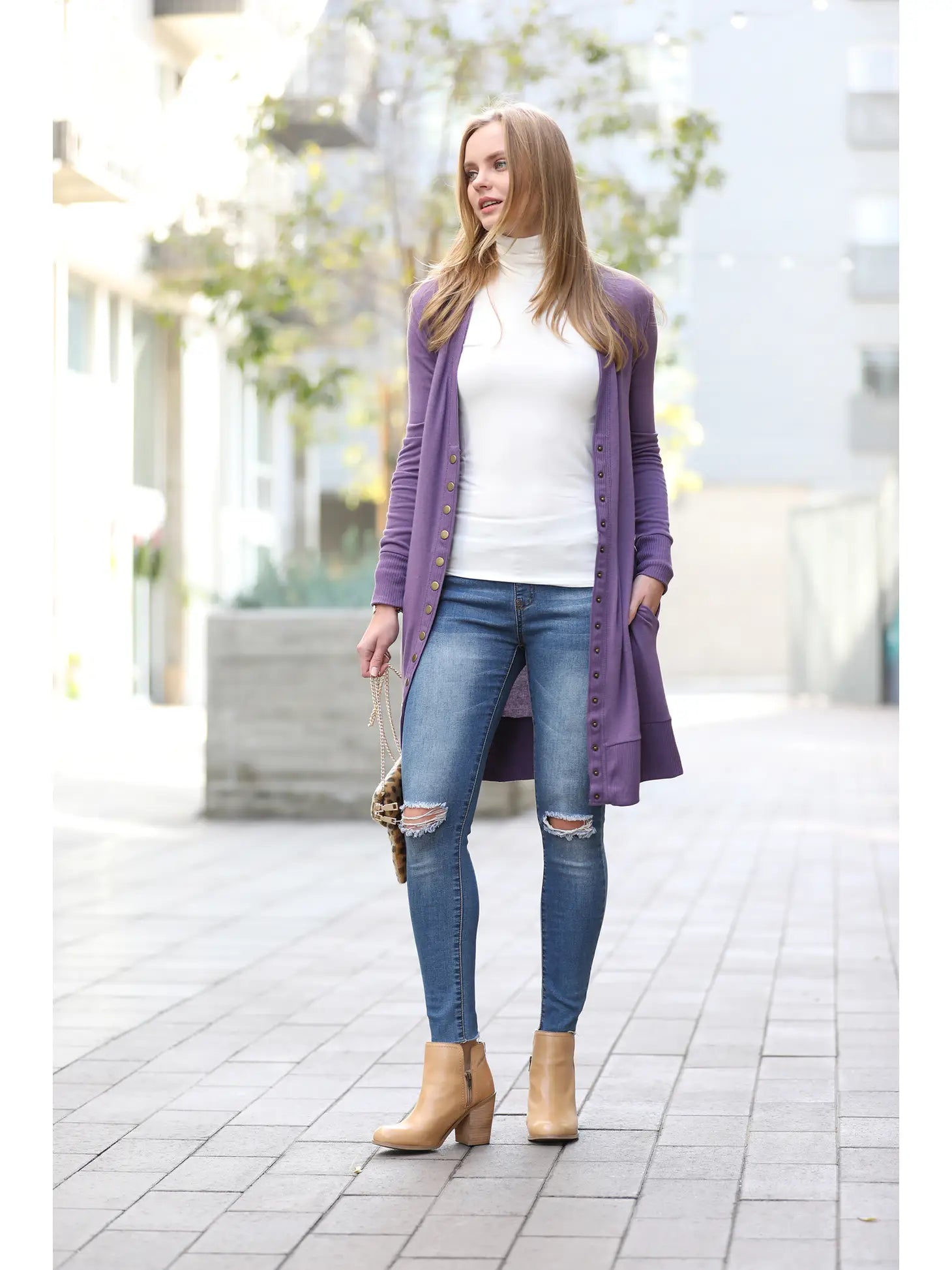 Purple Thigh Length Cardigan