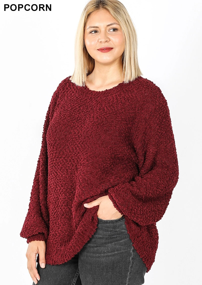 Cranberry Popcorn Bubble Sleeve Sweater